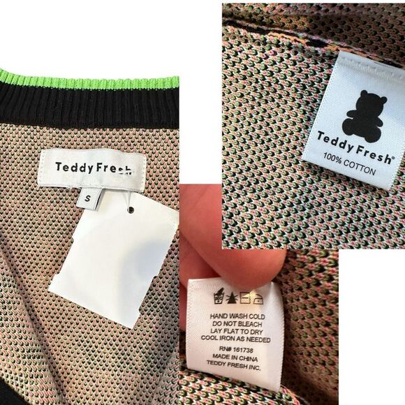 Teddy Fresh Houndstooth Cardigan Sweater Neon Colorblock Cotton H3H3 Size S - Picture 10 of 15